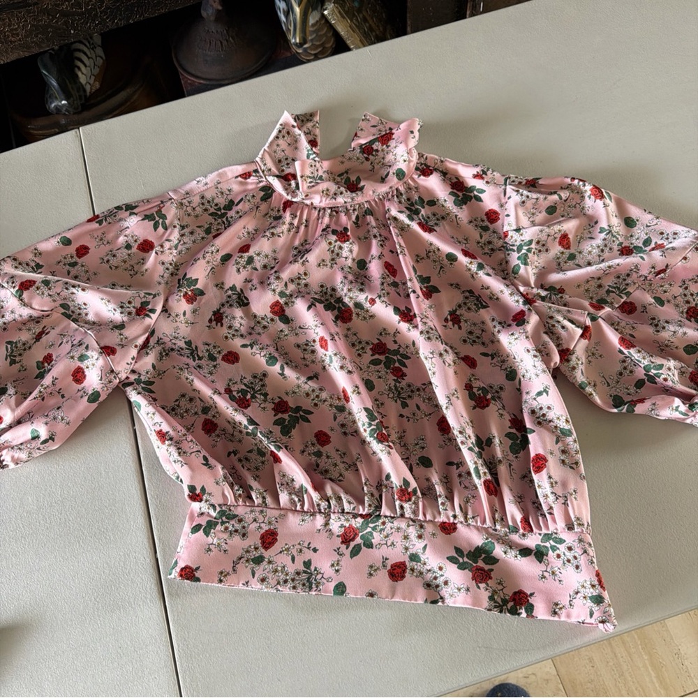 Zara Pink Floral Ruffle Neck Blouse